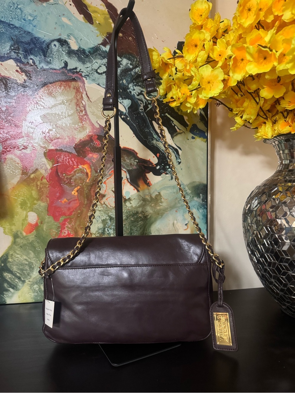 Badgley Mischka Dark Brown Leather Shoulder Bag with Gold Studs - Picture 2 of 10